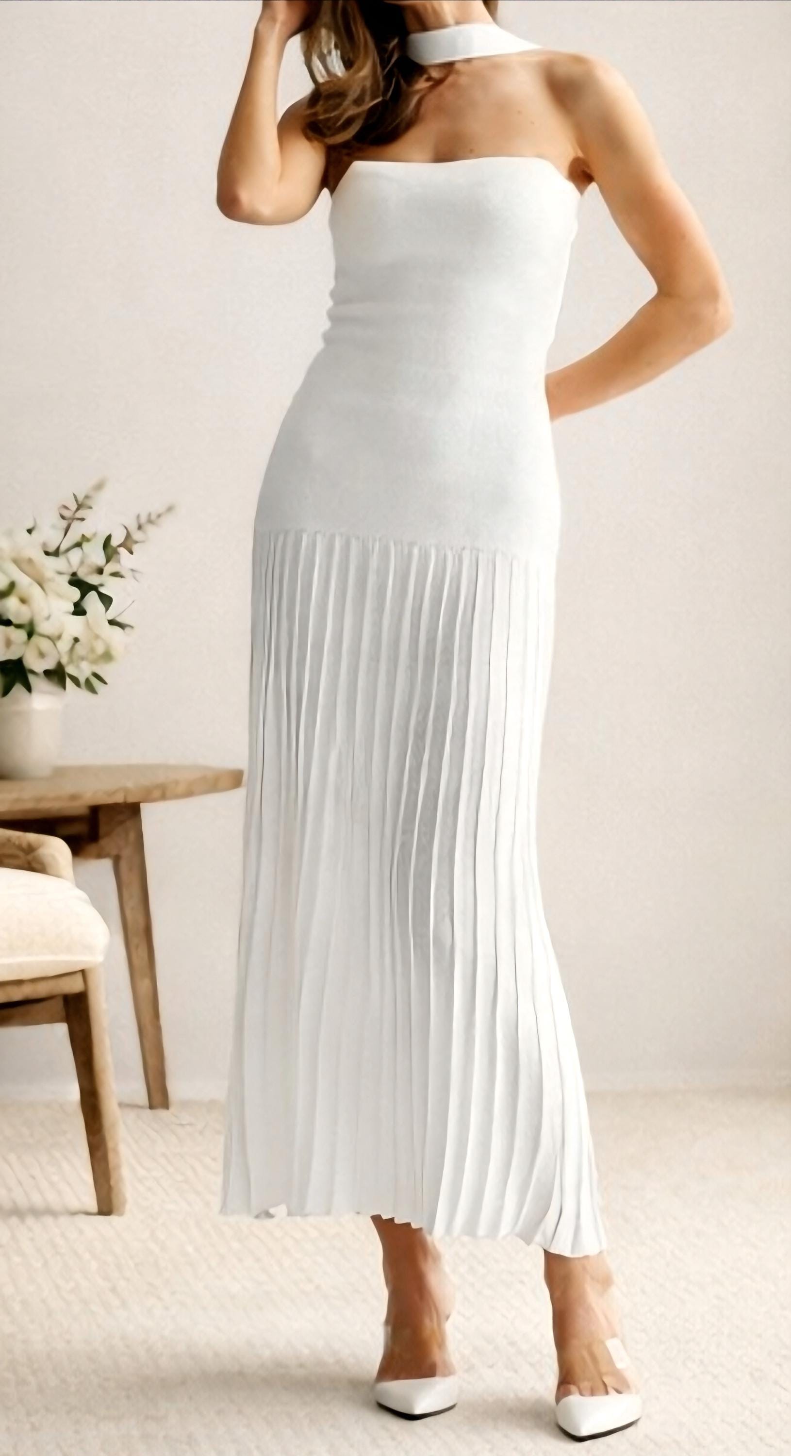 white knit strapless dress White Knit Strapless Midi Dress: Pleated, Minimalist, Summer Wedding Guest  Outfit