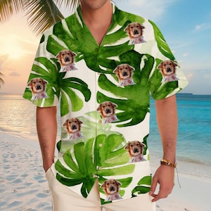 Personalized Photo Hawaiian Shirt Custom Dog Cat Face Holiday Tropical Pattern Shirt for Men Women Birthday Bachelor Party Gift Summer Gift