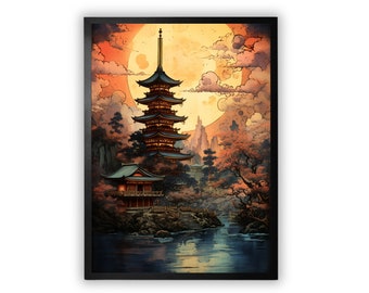 ヴィンテージの日本の仏塔の木版画、寺院の風景画、リビングルームの