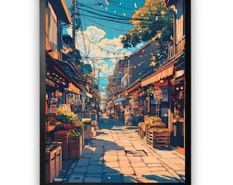 May include: A framed art print depicting a bustling marketplace scene. The artwork showcases a cobblestone street lined with shops and stalls, filled with produce and flowers. Overhead, power lines and string lights crisscross against a blue sky.
