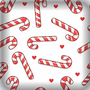 Peut inclure: Motif répété de cannes en bonbon rayées rouges et blanches et de petits cœurs rouges sur fond blanc. Les cannes en bonbon sont dans différentes orientations, créant un design festif et joyeux.