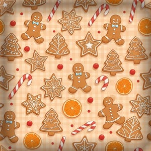 Peut inclure: Un motif festif avec des bonhommes en pain d'épices, des biscuits en forme d'étoile, des arbres de Noël, des cannes en sucre, des tranches d'orange et des points rouges. Les biscuits sont décorés de glaçage blanc sur un fond à carreaux orange clair.