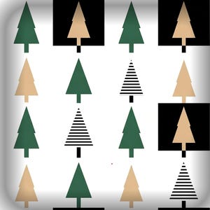 Peut inclure: Motif répété d'arbres de Noël stylisés en vert, beige et noir. Certains arbres sont pleins, d'autres rayés. Le fond est blanc avec un effet de dégradé.