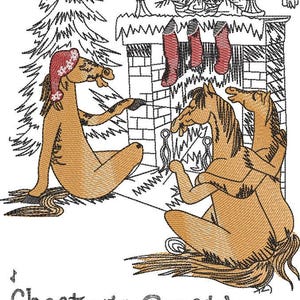 May include: A Christmas-themed illustration of three horses gathered around a fireplace. The horses are wearing Santa hats and are roasting chestnuts. The text "Chestnuts Roasting by an Open Fire" is written below the image.