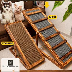 May include: A digital PDF woodworking plan for a pet ramp, featuring two wooden ramp designs labelled Standard and Maxi. The Standard ramp has a brown textured surface, while the Maxi ramp includes horizontal wooden slats over a grey textured surface.