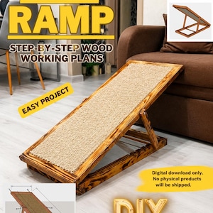 Könnte beinhalten: Eine Haustierrampe aus Holz mit beiger Teppichoberfläche und einer geflammten Holzoptik. Die Rampe verfügt über einen verstellbaren Stützrahmen. Der Text auf dem Bild lautet: PET RAMP, STEP-BY-STEP WOOD WORKING PLANS, EASY PROJECT, DIY Do it yourself.