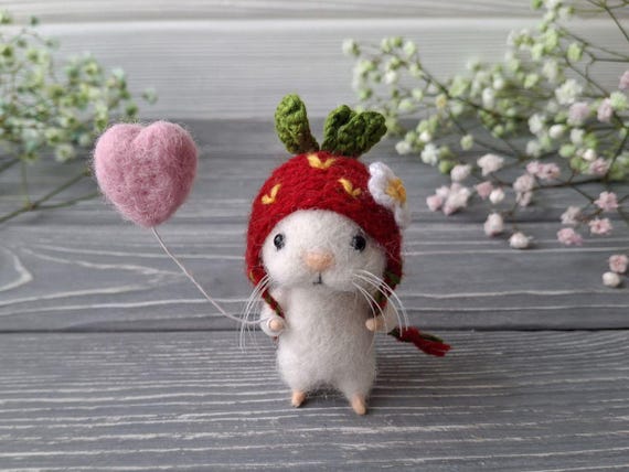 Miniature felt mouse wearing a hat, needle-felted mouse