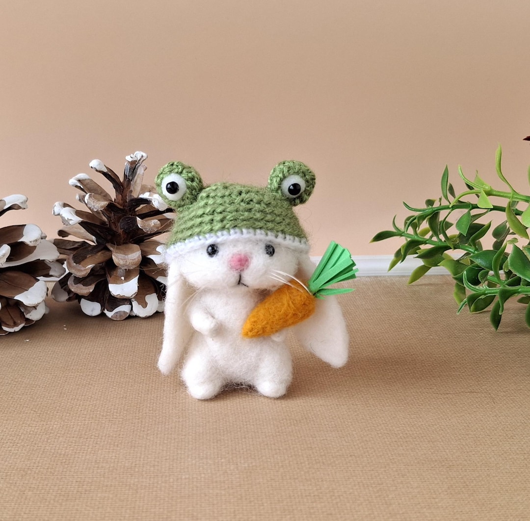 Needle Felted Bunny With Carrot, Frog Hat Rabbit, Handmade Wool Animals ...