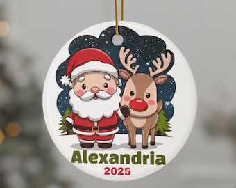 Santa and Rudolph Personalized Ceramic Christmas Tree Ornament