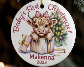 Baby's First Christmas Highland Cow Christmas Ornament, Watercolor Highland Cow in Present with Pink Bow, Personalized Keepsake Gift