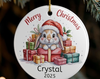 Personalized Bunny Rabbit Christmas Ornament, Adorable Watercolor Design of Rabbit with a Santa Hat, Round Ceramic Keepsake Christmas Gift