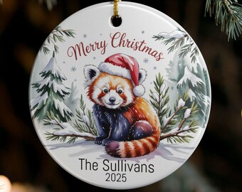 Personalized Red Panda Christmas Ornament, Watercolor Red Panda Wearing a Santa Hat, Custom Ceramic Holiday Keepsake, Merry Christmas Gift