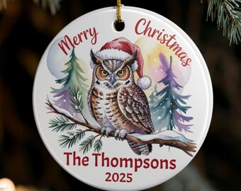 Personalized Owl Christmas Ornament, Watercolor Owl in Santa Hat on Tree Branch, Merry Christmas Ceramic Ornament, Custom Christmas Gift