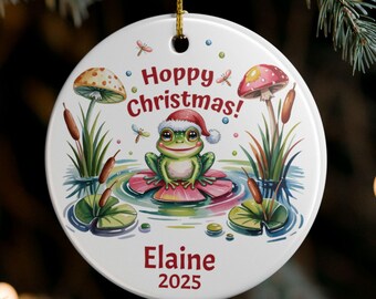 Watercolor Frog Christmas Ornament, "Hoppy Christmas", Cute Frog Wearing Santa Hat on Lily Pad, Funny Ceramic Holiday Decor, Frog Lover Gift