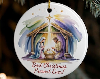 Biblical Nativity Christmas Ornament, Best Christmas Present Ever, Watercolor Manger, Mary, Joseph, Baby Jesus, Christian Ceramic Ornament
