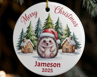 Personalized Hedgehog Christmas Ornament, Watercolor Hedgehog in Santa Hat, Round Ceramic Ornament, Custom Name Christmas Gift