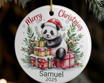Personalized Panda Christmas Tree Ornament, Cute Panda and Presents Watercolor Christmas Ceramic Ornament, Custom Holiday Keepsake Gift
