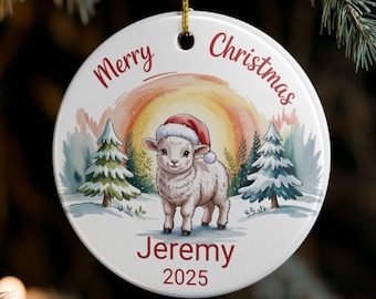 Personalized Baby Lamb Christmas Ornament, Cute Watercolor Lamb in Santa Hat, Round Ceramic Christmas Ornament Keepsake