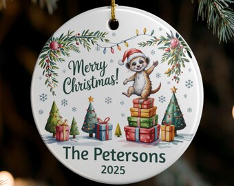 Personalized Meerkat Christmas Tree Ornament, Cute Watercolor Meerkat Dancing on Presents, Merry Christmas Keepsake Gift