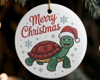 Merry Christmas Turtle Ornament, Turtle Wearing a Santa Hat, Round Ceramic Ornament, Christmas Keepsake
