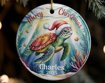 Personalized Sea Turtle Christmas Ornament, Watercolor Sea Turtle in Santa Hat, Round Ceramic Ornament, Custom Name Christmas Keepsake