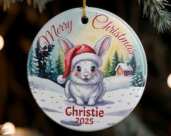 Personalized Rabbit Christmas Ornament, Adorable Watercolor Design of Rabbit with a Santa Hat, Round Ceramic Keepsake Christmas Gift