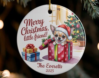 Personalized Chihuahua Christmas Ornament, Watercolor Chihuahua Gift, "Merry Christmas Little Friend" Ceramic Ornament