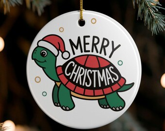 Turtle Christmas Ornament, Turtle With a Santa Hat, Round Ceramic Tree Ornament, Merry Christmas Keepsake
