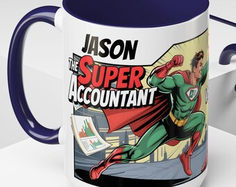 Personalized Superhero Accountant Coffee Cup, Super Accountant Comic Mug, Funny Gift for an Accountant, CPA, Controller