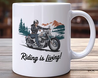 Riding is Living, Motorcyclist Coffee Mug, Woman Motorcycle Rider, Female Biker Gift, Unique Coffee Cup, Motorcycle Enthusiast Mug