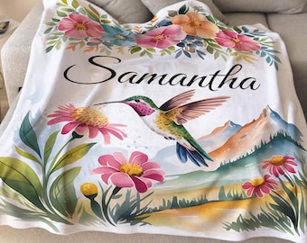 Hummingbird Velveteen Microfiber Blanket Gift, Personalized Sherpa Fleece Throw, Cozy Hummingbird Floral Blanket, Personalized Blanket