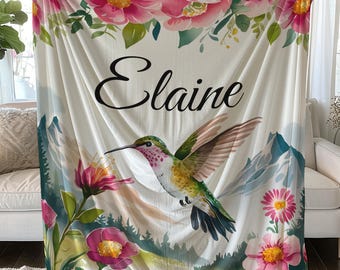 Personalized Hummingbird and Flowers Sherpa Fleece Blanket, Hummingbird Velveteen Blanket Gift, Cozy Velveteen Microfiber Throw Blanket