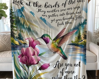 Hummingbird Microfiber Blanket with Bible Verse, Velveteen Blanket, Sherpa Fleece, Inspirational Christian Gift, Matthew 6:26