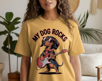Dachshund Dog T Shirt, My Dog Rocks Tee, Guitar Playing Dog, Rock and Roll Pet, Cool Dog with Shades, Funny Dog Lover Gift Idea