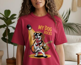 Rocking Dog T-Shirt, Beagle Guitarist Tee, Musician Dog Shirt, Cool Dog Design, My Dog Rocks Apparel, Gift for Dog Lovers