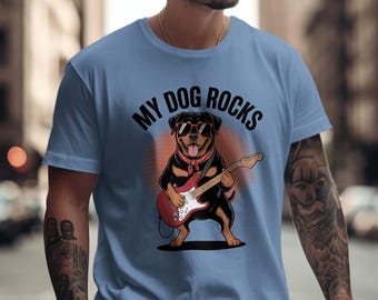 My Dog Rocks T-Shirt, Rottweiler Guitarist Tee, Cool Pet Lover Gift, Funny Animal Graphic Shirt, Rock Music Dog Breed T-Shirt