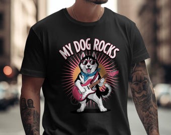 Rocking Dog T-Shirt, Husky Guitarist Tee, My Dog Rocks Shirt, Cool Pet Lover Gift, Funny Dog Shirt, Music Lover T Shirt, Dog Bandana Tee
