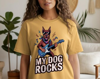 My Dog Rocks T-Shirts, Doberman Pinscher Guitar Tee, Musician Dog Shirt, Dog Lover Gift, Rock and Roll Dog Apparel