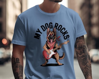My Dog Rocks T-Shirt, German Shepherd Guitarist, Cool Pet Shirt, Dog Lover Gift, Bandana Sunglasses Tee, Rock and Roll Dog Apparel