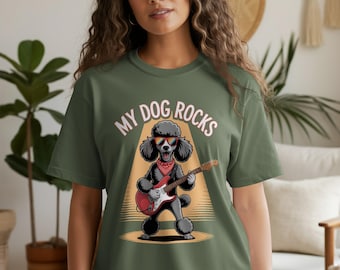 Rocking Poodle T-Shirt, My Dog Rocks Tee, Cool Dog Lover Gift, Guitar Player Pet, Funny Animal Shirt, Stylish Dog, Music Fan Apparel