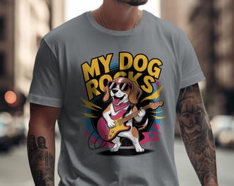 My Dog Rocks T-Shirt, Beagle Dog with Guitar, Cool Dog Shirt, Pet Lover Tee, Rock and Roll Dog, Music Dog T-Shirt, Cute Dog Design