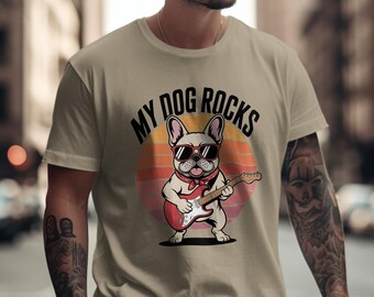 My Dog Rocks T-Shirt, Guitarist French Bulldog, Cool Canine Tee, Animal Lover Gift, Trendy Dog Design, Funny Dog Shirt