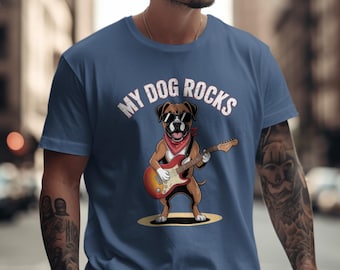 My Dog Rocks T-Shirt, Boxer Dog Guitarist, Funny Dog Lover Gift, Music Loving Dog Tee, Cool Dog Design, Unique Dog Shirt, Pet Rock Star