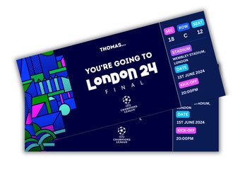 Personalised Champions League Final Ticket, 2024 Champions League Final, UCL Final Ticket Personalised Football Ticket, Wembley Stadium