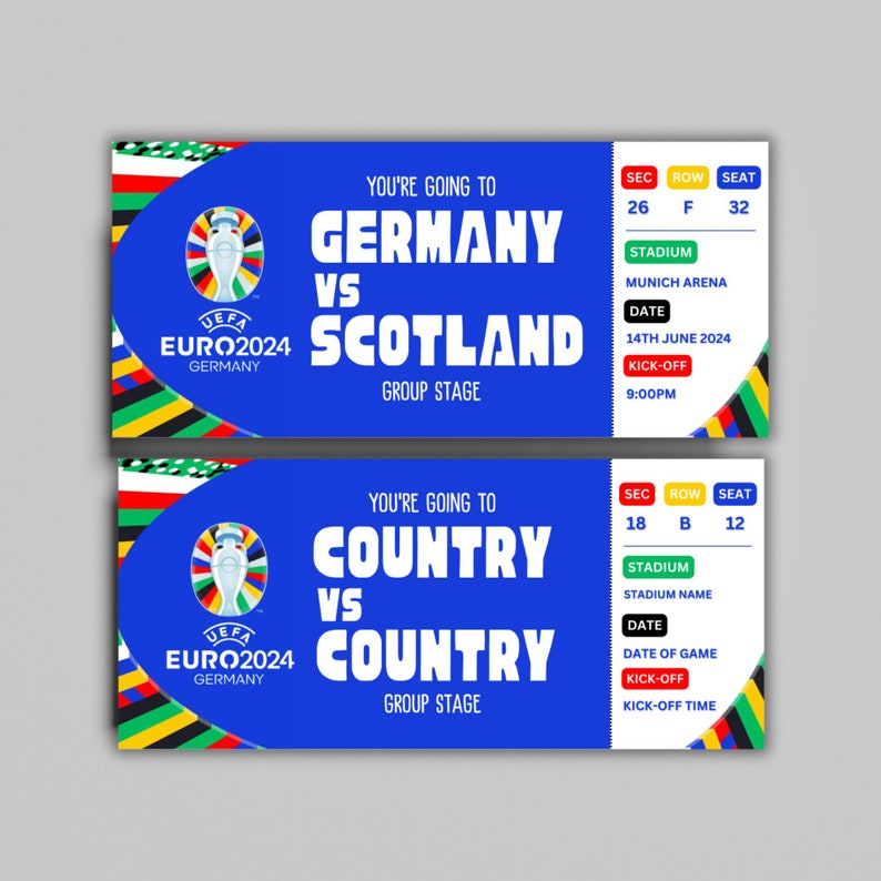 EURO 2024 Benutzerdefinierte Tickets, benutzerdefinierte EUROS-Eintrittskarten, personalisiertes Fußballticket, Fußballgeschenk, bedruckbar, Fußballgeschenk, Euro-Eintrittskarte Bild 2