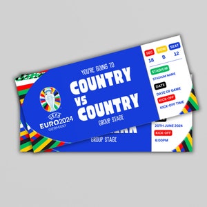 EURO 2024 Benutzerdefinierte Tickets, benutzerdefinierte EUROS-Eintrittskarten, personalisiertes Fußballticket, Fußballgeschenk, bedruckbar, Fußballgeschenk, Euro-Eintrittskarte Bild 1