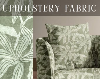 Green Palm Leaves Upholstery Fabric - Heavyweight Linen Fabric by the Yard - Blockprinted Coastal Tropical Cotton Print - Beach House Decor