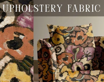 May include: An armchair upholstered in fabric with a painterly floral pattern in shades of yellow, orange, purple, and black. The text DESIGNER UPHOLSTERY FABRIC and APOSTROFO DESIGN are visible on the image overlaying the floral print.