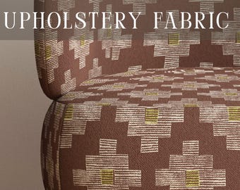 Brown Southwestern Upholstery Fabric - Heavyweight Linen Fabric by the Yard - Blockprinted Tribal Geometric Cotton - Afro Boho Home Decor