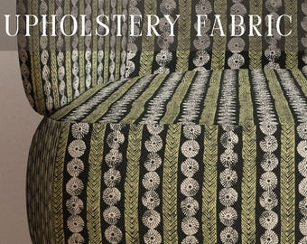 Moody Green Stripe Upholstery Fabric - Heavyweight Linen Fabric by the Yard - Blockprinted Distressed Cotton Fabric - Eclectic Home Decor